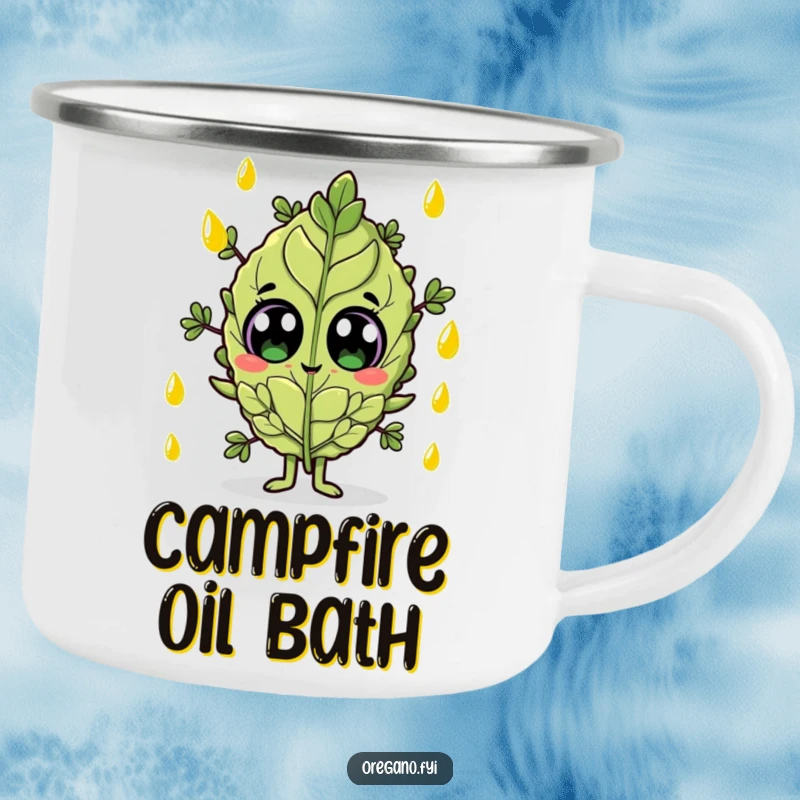 Funny camping mug featuring a wide-eyed oregano leaf character being showered by olive oil outdoors.
