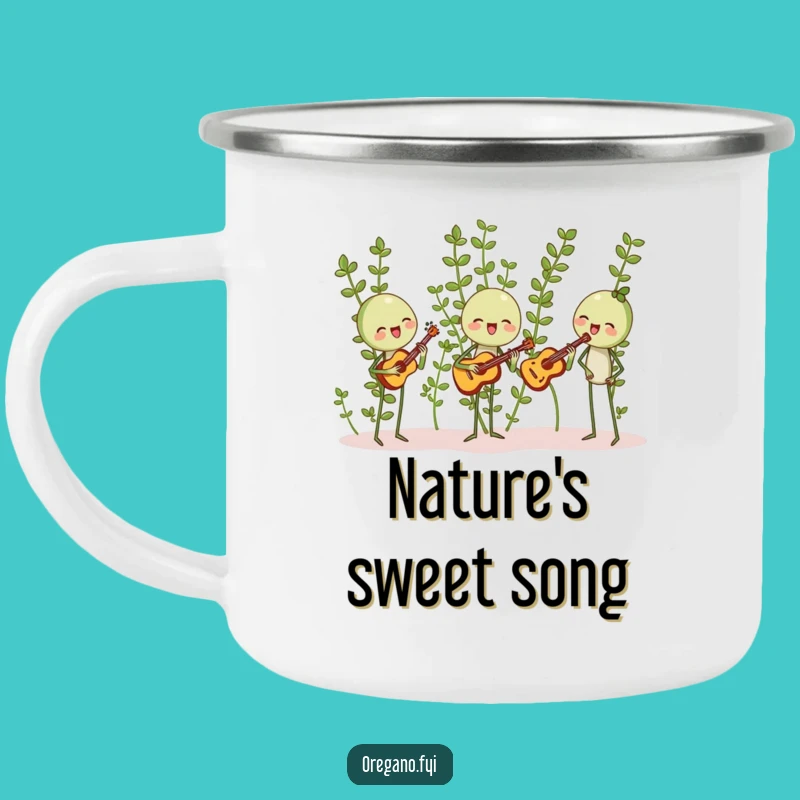 Funny Oregano Band Camping Mug: Harmonizing Herbs, Campfire Concert Fun
