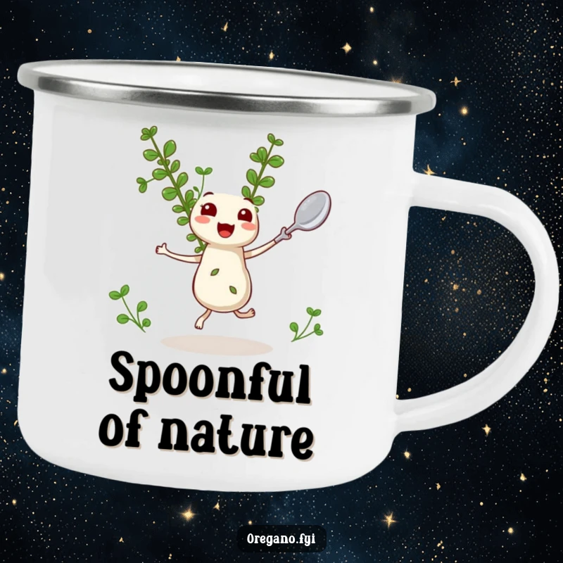 Funny Oregano Camping Mug: A dancing kawaii oregano sprig with a tiny spoon, perfect for outdoor culinary fun.