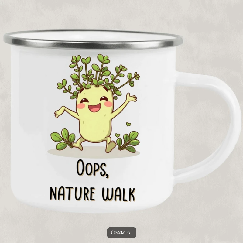 Funny camping mug with a cheerful oregano sprig character comically tripping and landing with a grin, perfect for outdoor humor.