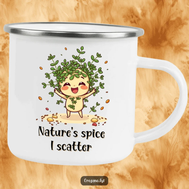 Funny Oregano Camping Mug: A scattering kawaii oregano sprig tosses imaginary spices, perfect for outdoor culinary fun.
