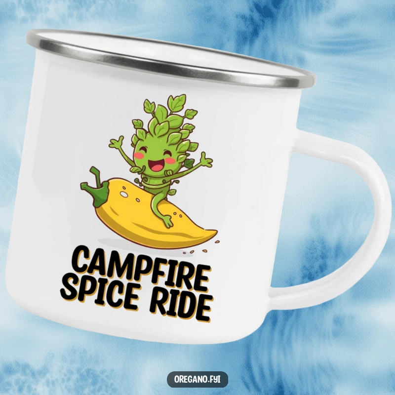Funny camping mug showing an oregano leaf character riding a rolling pepper flake, perfect for spicy drinks.