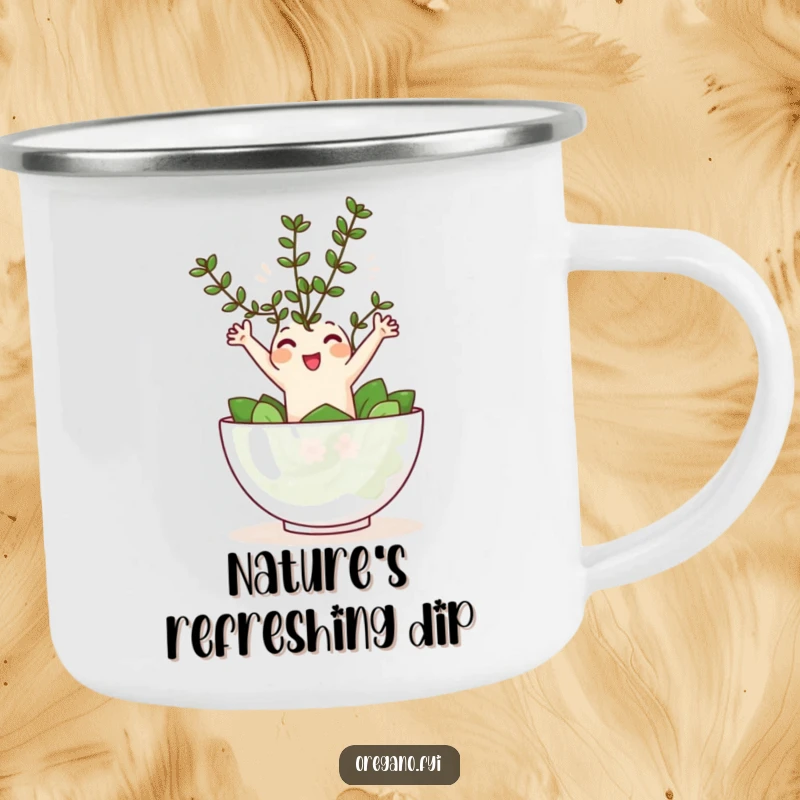 Funny Kawaii oregano sprig character joyfully leaping into a tiny salad bowl, a durable and humorous camping mug.