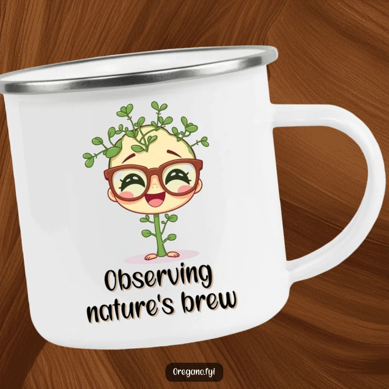 Funny camping mug with a giggling oregano sprig wearing comical oversized spectacles, a durable and humorous outdoor accessory.