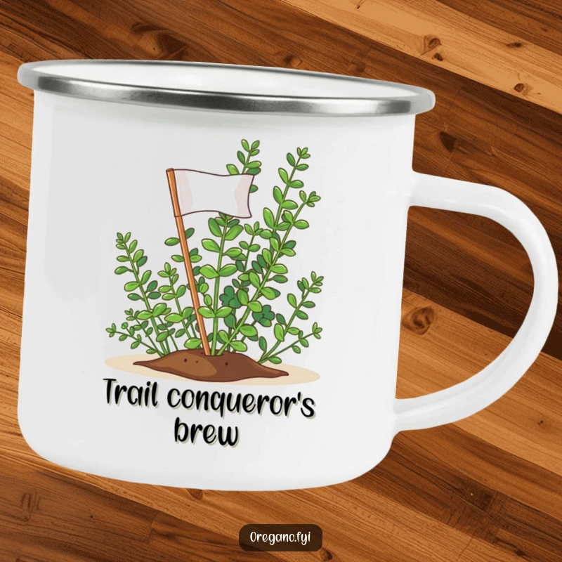 Funny Oregano Victory Flag Camping Mug: A triumphant oregano sprig planting its flag, ready for outdoor victories.