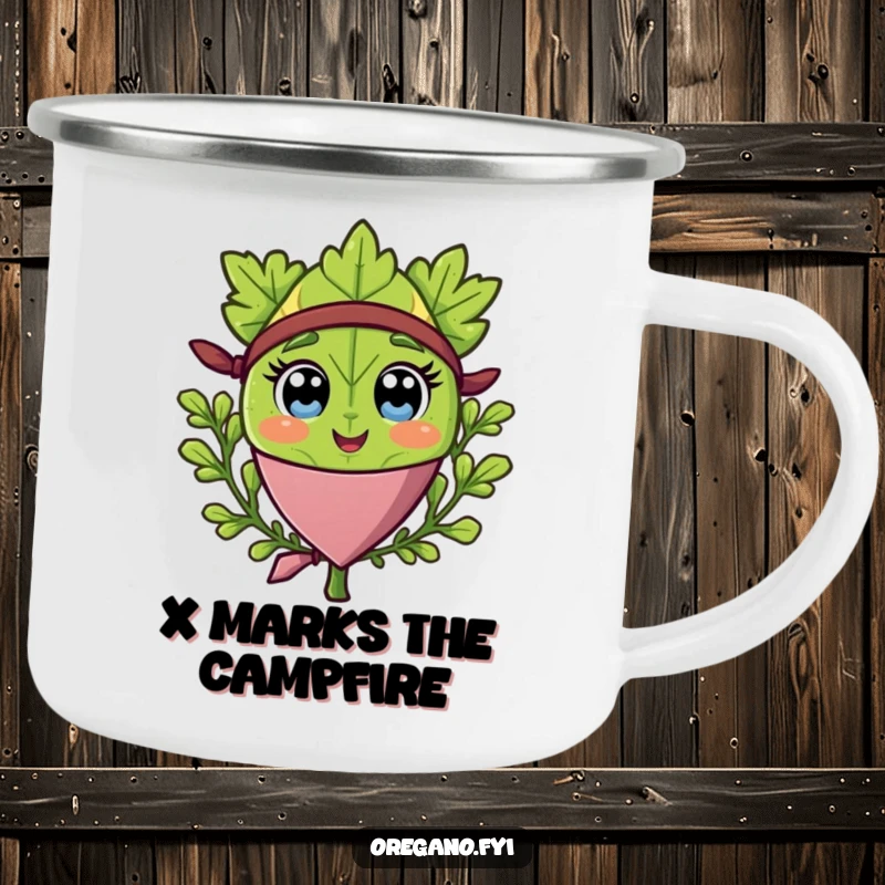 Funny camping mug with a happy oregano leaf wearing a pirate bandana, perfect for outdoor pirate adventures.