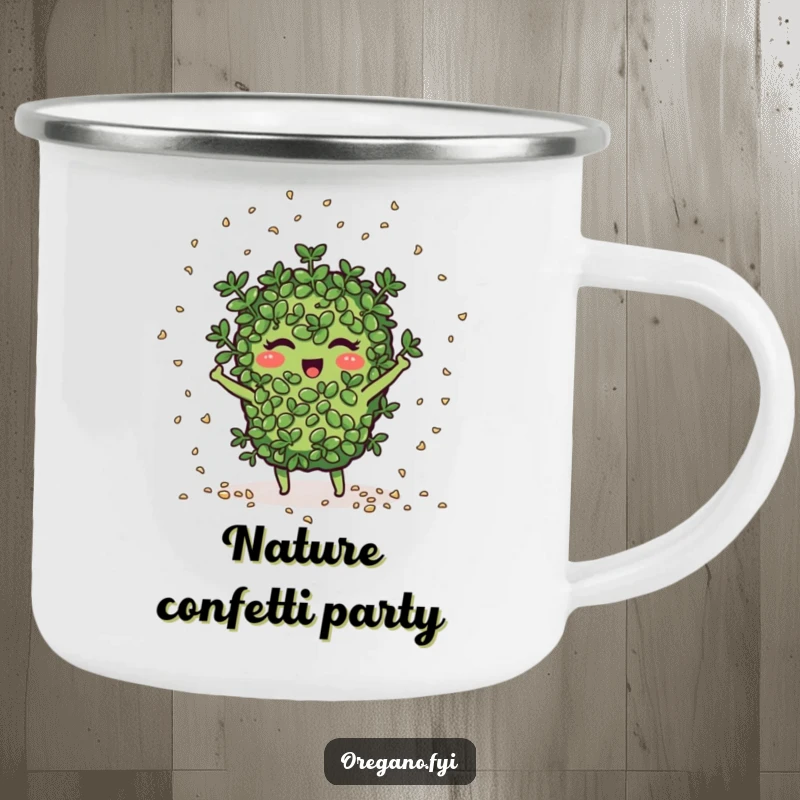 Funny oregano character joyfully scatters seeds like confetti, ideal for outdoor drinks and garden humor.