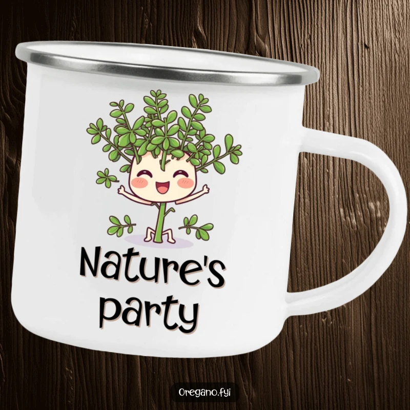 Funny camping mug with a cheerful oregano character wiggling its leaves, ideal for outdoor enjoyment with a humorous twist.