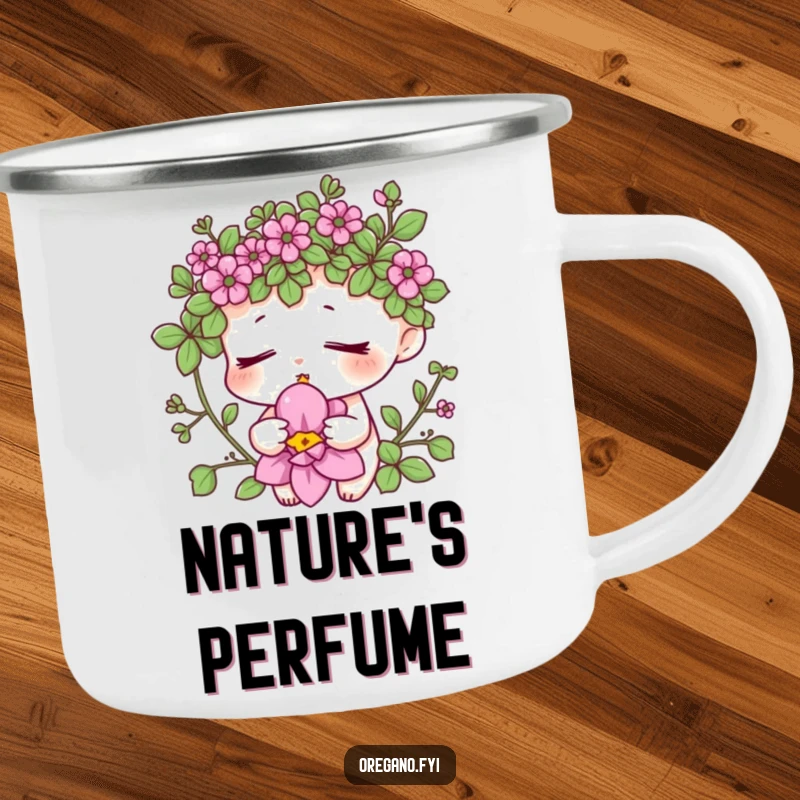 Funny oregano aroma camping mug featuring a relaxed herb character smelling a flower, ideal for serene outdoor sips. Durable and humorous drinkware.