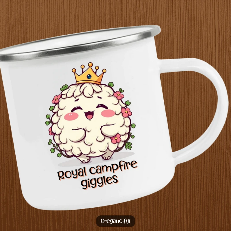 Funny plump oregano character camping mug giggling while wearing a tiny crown, durable and humorous enamelware for outdoor royalty.
