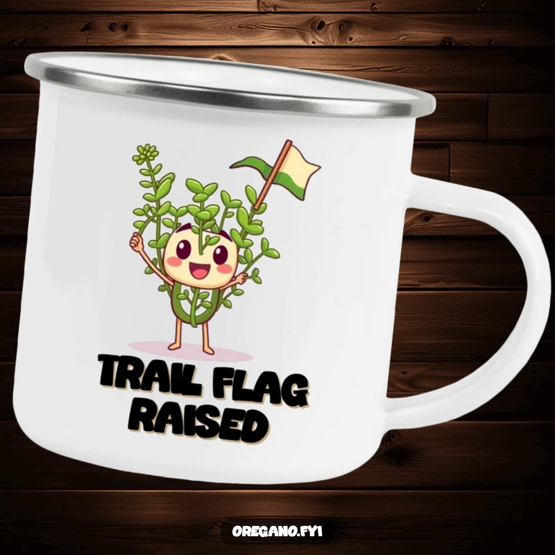 Funny camping mug with a tiny oregano sprig character enthusiastically waving a miniature flag, durable and spirited outdoor gear.