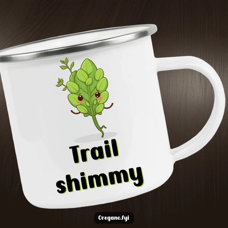 Funny camping mug with a single oregano leaf doing a happy shimmy, ideal for outdoor enthusiasts who love fun. Durable.
