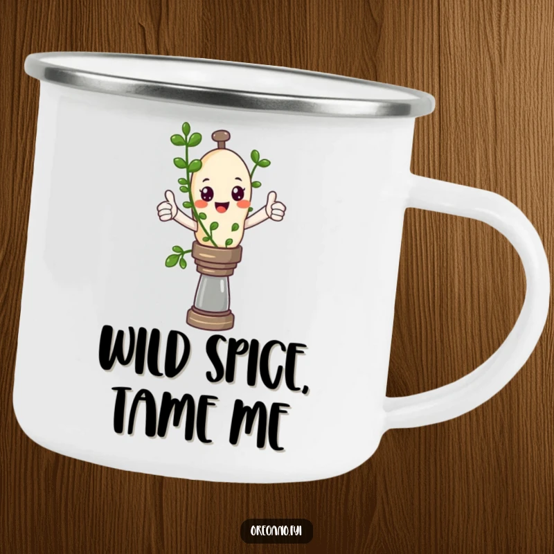 Funny Kawaii oregano sprig giving a thumbs up while balancing on a pepper mill, a durable and humorous camping mug.