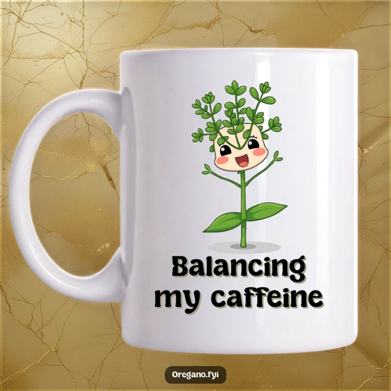 Funny mug depicting an oregano sprig character comically trying to balance on a single leaf, showing a precarious and humorous situation.