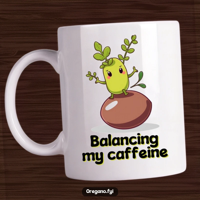 Funny mug depicting an oregano leaf character precariously balancing on a wobbly olive pit, showing a comical struggle.