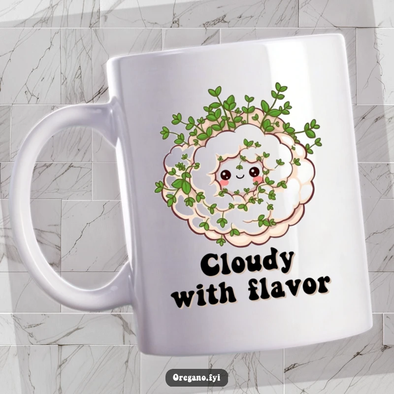 Funny mug featuring a swirling cloud of oregano with small, happy eyes, radiating gentle joy and aromatic charm. Great gift.