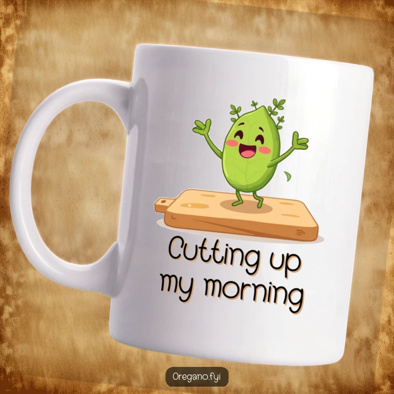 Funny mug with an oregano leaf character excitedly doing a jig dance on a wooden cutting board.
