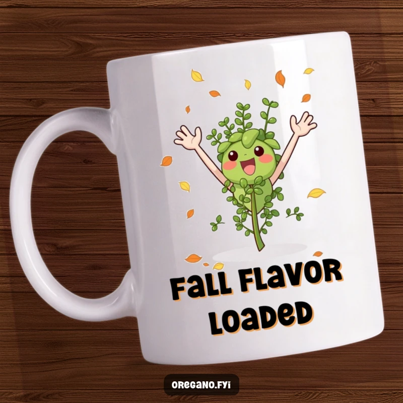 Funny mug with an excited oregano sprig, arms waving joyfully as it catches falling autumn leaves with delight.