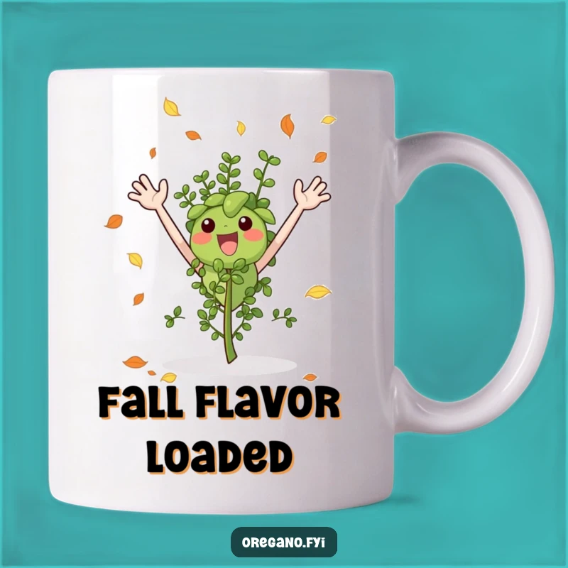 Funny Autumn Oregano Mug, Excited Herb Catching Leaves Gift for Fall Lovers