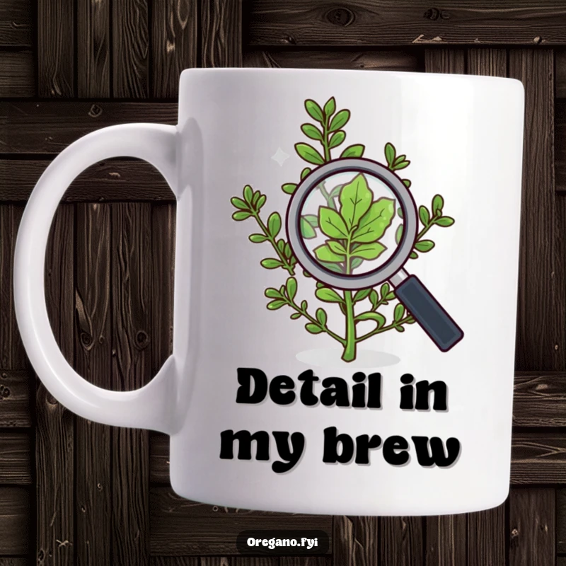 Funny mug showing an oregano sprig with a magnifying glass, intently inspecting a single leaf with curiosity.