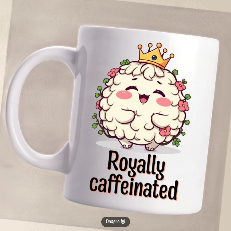 Funny plump oregano character giggling while wearing a tiny crown, a regal and humorous mug for herb lovers.