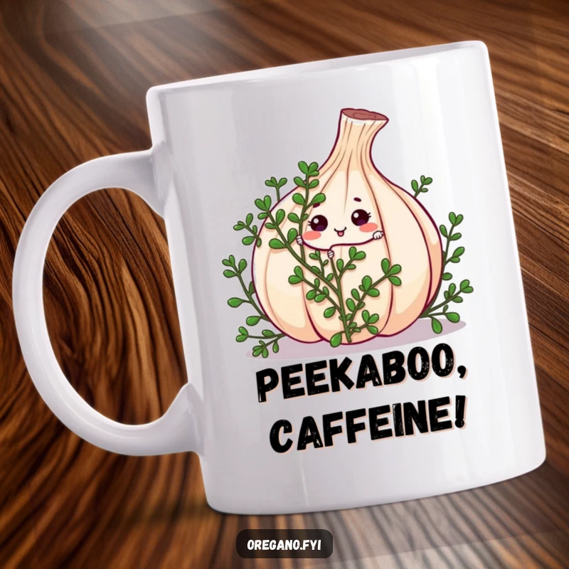 Funny kawaii oregano sprig character playfully peeking from behind a huge garlic clove on a mug, a delightful hide-and-seek scene.