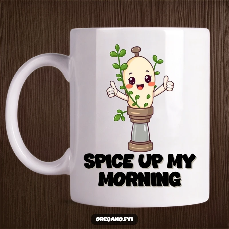 Funny Kawaii Oregano sprig giving a thumbs up while balancing on a pepper mill, a spicy and humorous mug design.