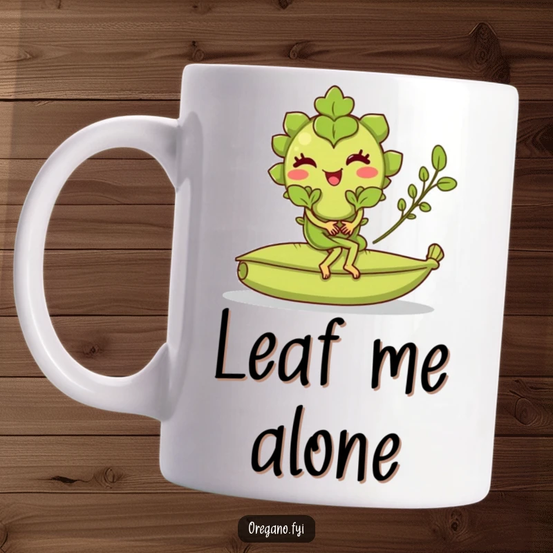 Funny mug with a winking oregano leaf character joyfully riding a rolling bay leaf, a whimsical culinary-themed design.