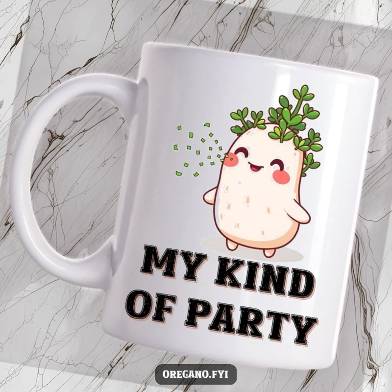 Funny mug with a happy, smiling oregano blowing a stream of tiny green confetti, celebrating life with herbaceous joy.