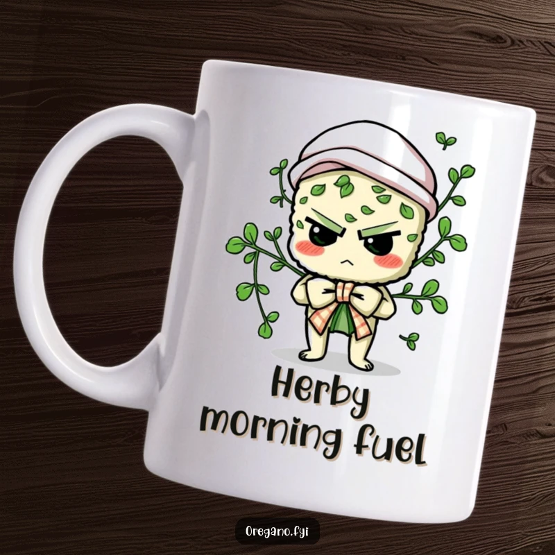 Funny mug with a determined oregano character comically attempting to tie a culinary bow, showcasing kitchen struggles with a smile.