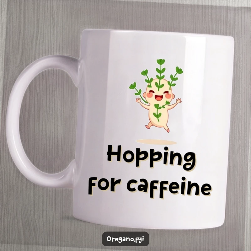 Funny mug featuring a joyful oregano sprig performing a little hop, full of fresh energy and herbaceous delight. Great gift.