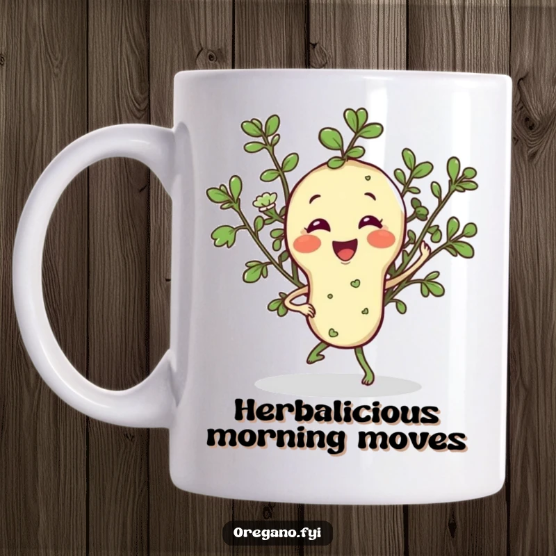 Funny mug with a smiling oregano sprig character performing a jaunty jig, embodying culinary joy and a love for fresh herbs.