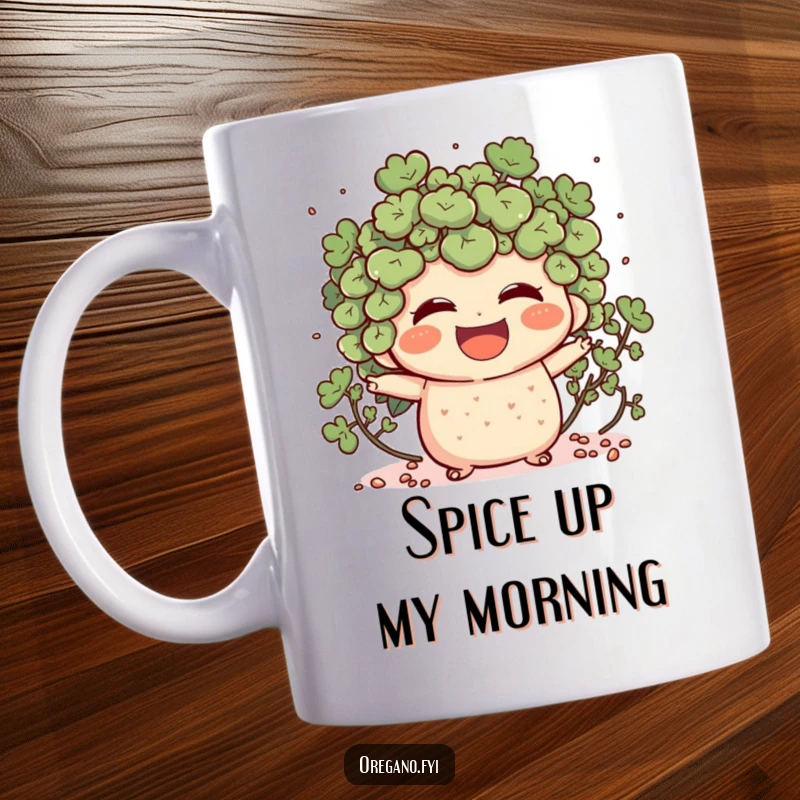 Funny mug depicting an oregano character laughing heartily, with tiny specks scattering outwards from its joyous expression.
