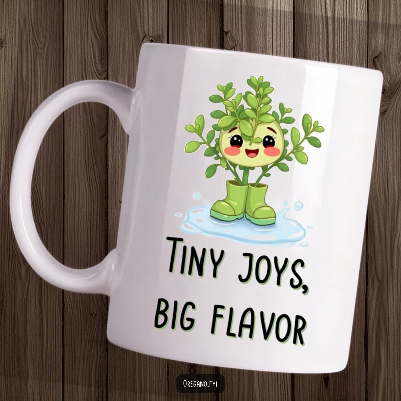 Funny Oregano Rain Boots Mug: A happy oregano sprig in tiny rain boots joyfully splashing in a dewdrop, full of life.