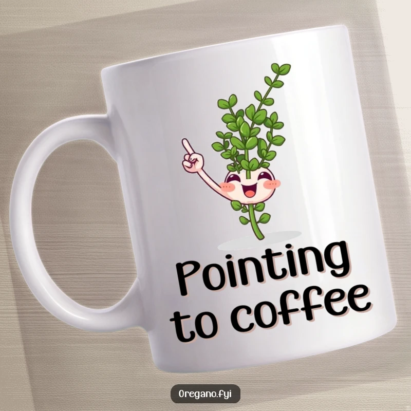 Funny smiling oregano sprig mug pointing upwards with a tiny leaf, a humorous and motivational kitchen accessory.