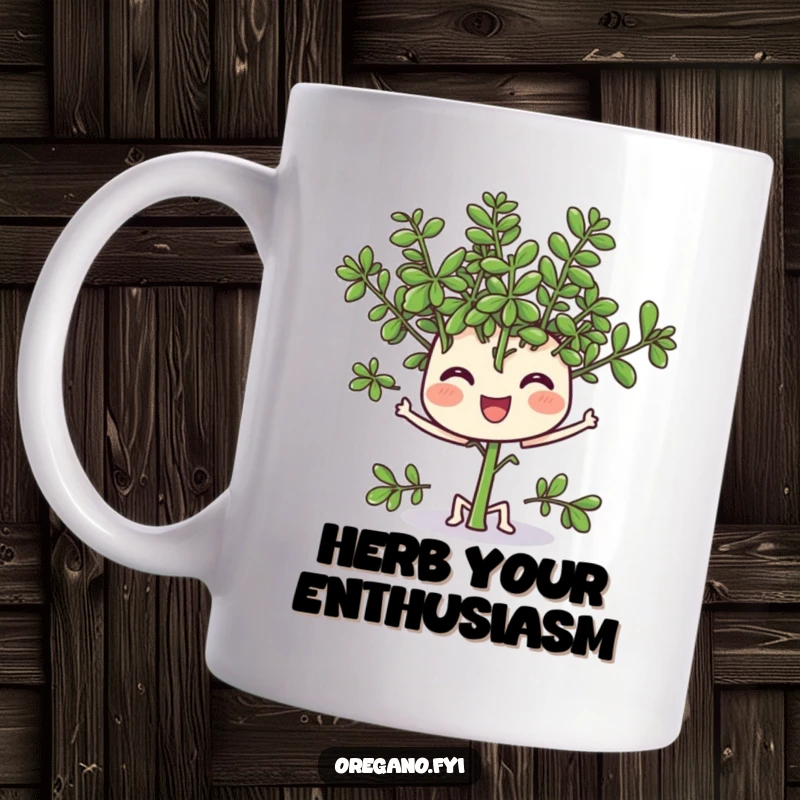 Funny mug featuring a happy oregano sprig character wiggling its tiny leaves with pure delight, a herb lovers dream.