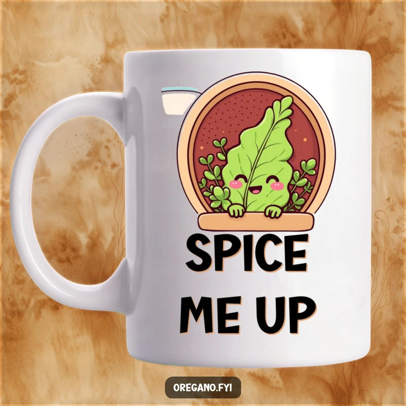 Funny mug with a cheerful oregano leaf character peeking from a spice rack, a delightful and humorous kitchen item.