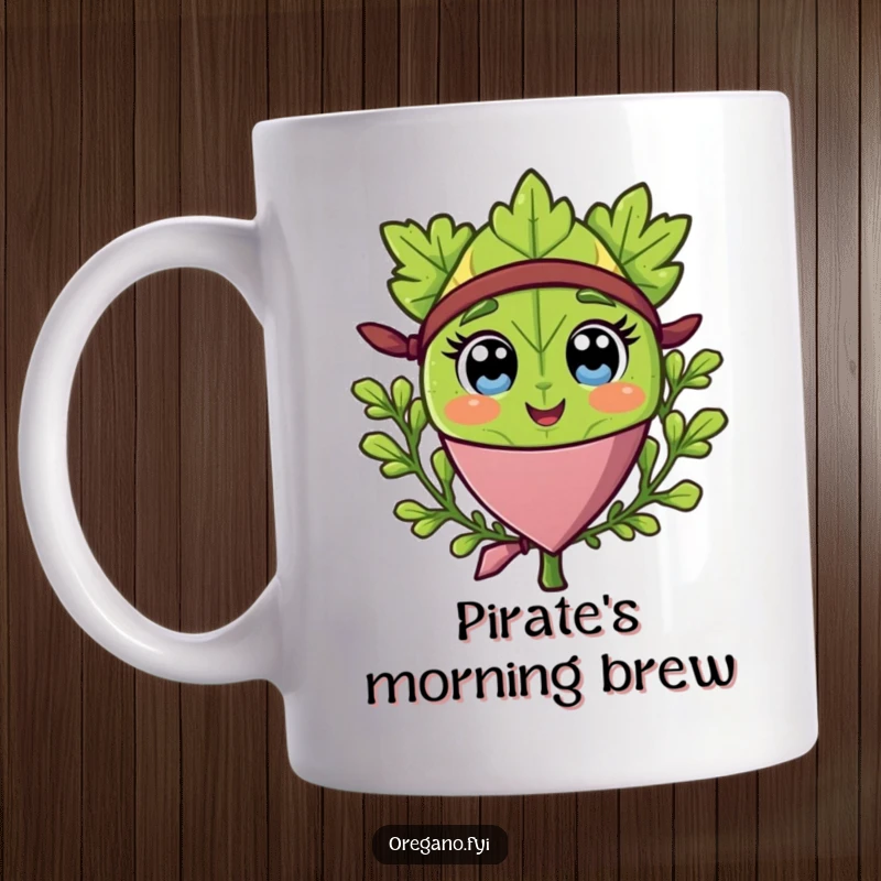 Funny mug featuring a happy oregano leaf character wearing a pirate bandana, looking ready for adventure.