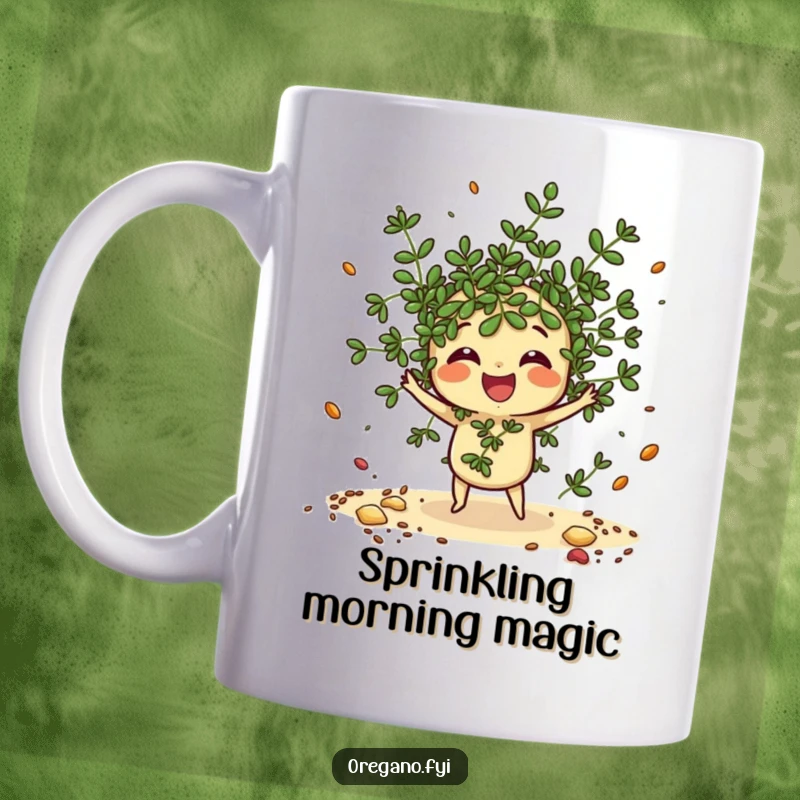 Funny Scattering Oregano Mug: A kawaii oregano sprig gleefully tosses imaginary spices with joyful abandon.