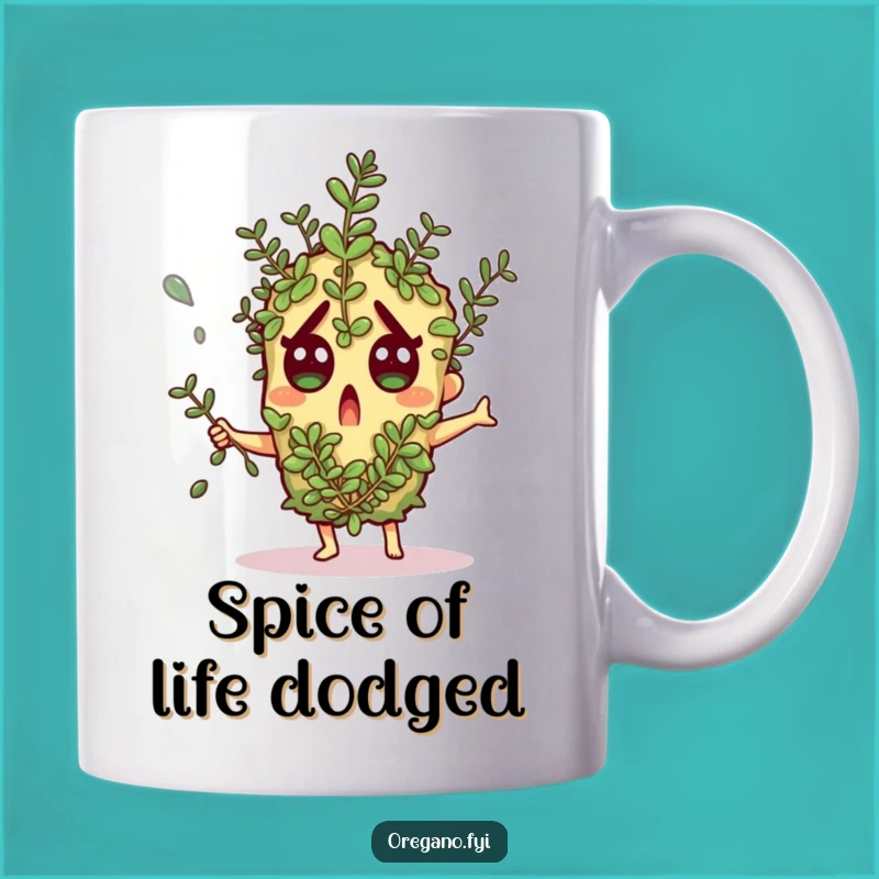 Funny Surprised Oregano Mug - Hilarious Herb Dodging Design, Perfect Gift!