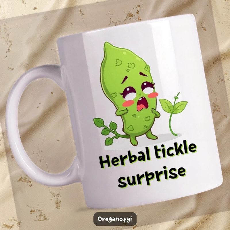Funny mug showing an oregano leaf character with wide eyes in surprise, being tickled by a small basil leaf.