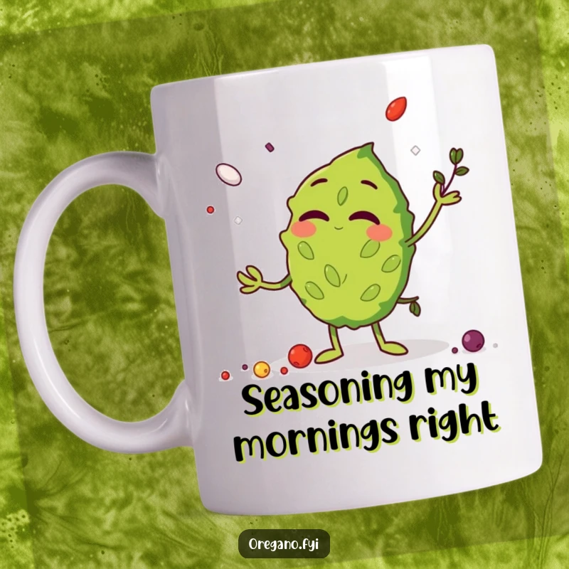 Funny Mug featuring a giggling oregano leaf character hilariously juggling tiny peppercorns and salt crystals, bringing kitchen spice humor.