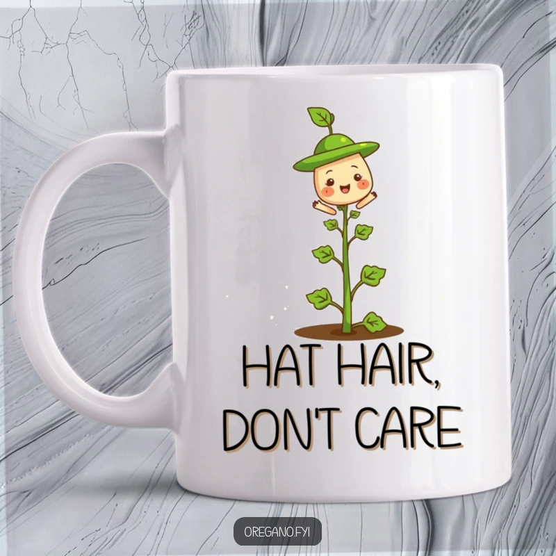 Funny mug featuring a cheerful oregano herb with a tiny green leaf hat perched jauntily on its stem, looking quite pleased.