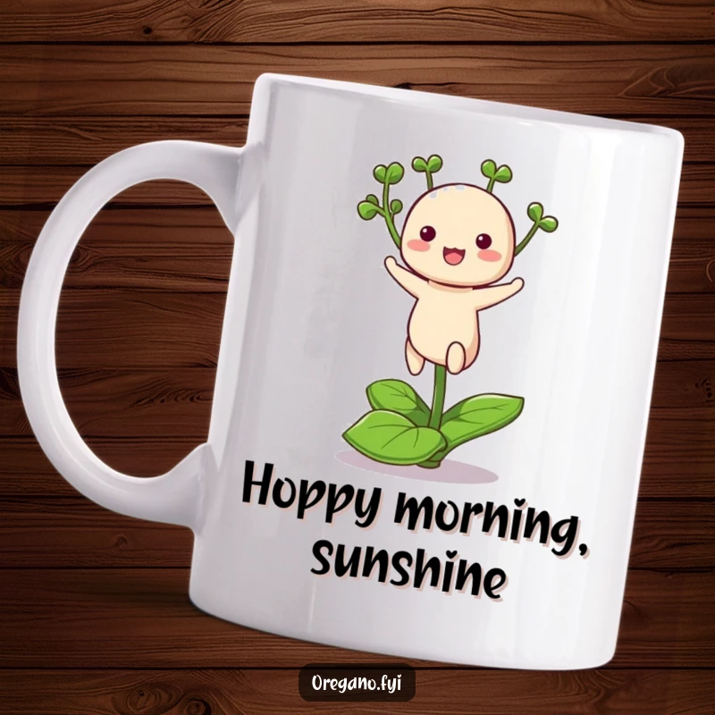 Funny mug featuring a cute, kawaii oregano character excitedly hopping on a single green leaf, radiating pure happiness.