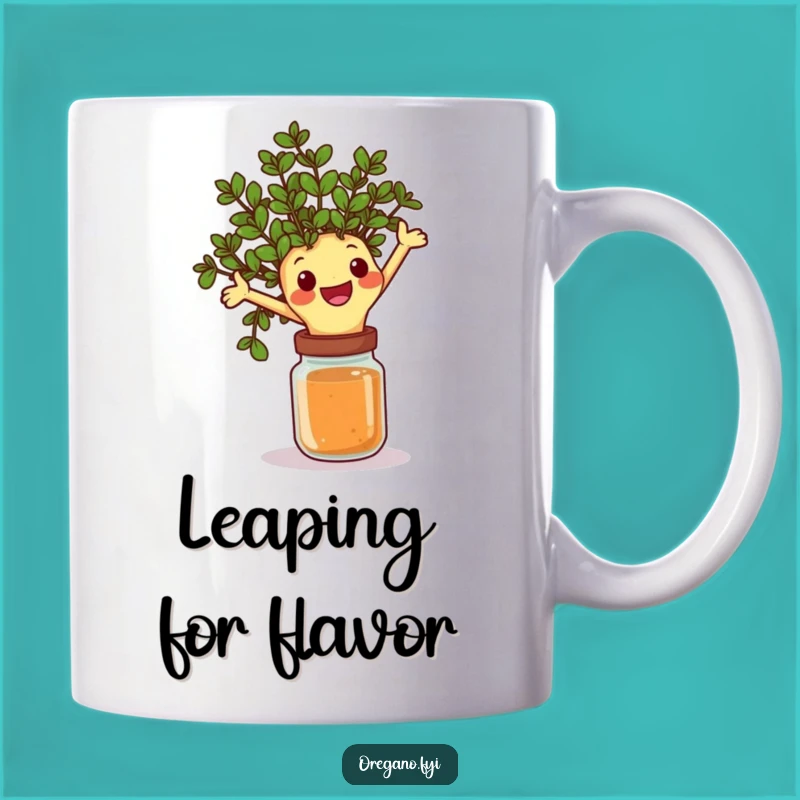 Funny Oregano Leap Mug: Energetic Herb Over Spice Jar Fun Gift