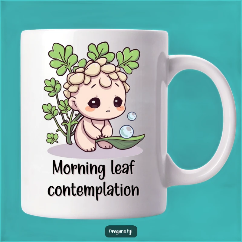 Funny Curious Oregano Mug: Herb Character Admiring Nature's Droplet - Gift!