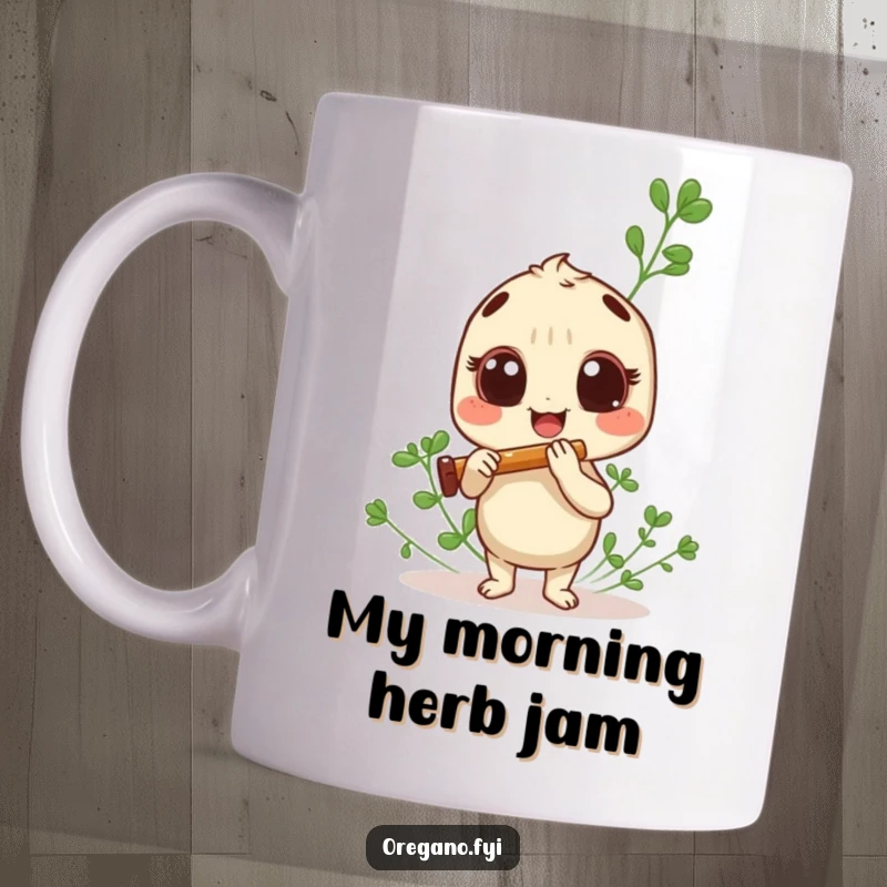 Funny oregano sprig mug, excitedly playing a miniature panpipe with a joyful expression and big eyes.