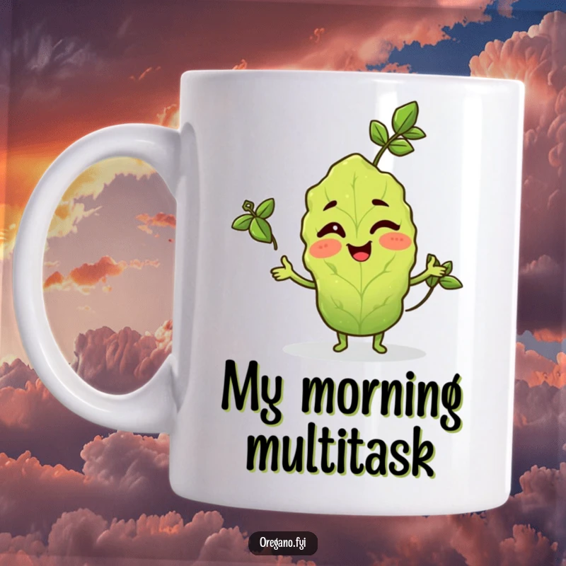 Funny mug featuring a winking oregano leaf character skillfully juggling three small basil leaves.