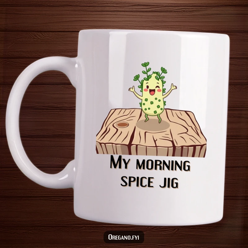 Funny mug: A cheerful oregano character performs a lively jig on a rustic wooden surface, radiating joy.