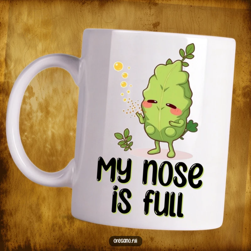 Funny mug featuring an oregano leaf character sneezing a cloud of aromatic dust, perfect for spice rack humor.